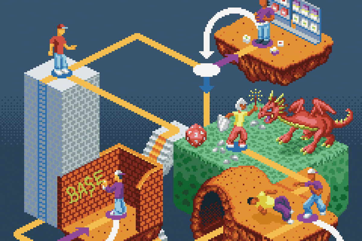 Isometric pixel art illustration for the City of Edmonton public safety campaign, featuring a branching maze that visualizes adolescent life choices as a video game level by Jude Buffum.