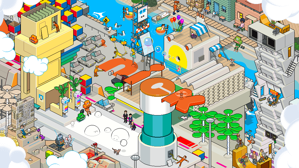 Isometric pixel art illustration by eBoy featuring a playful, colorful city environment with blocky architecture, water features, and cartoon characters, created for a Nickelodeon project.