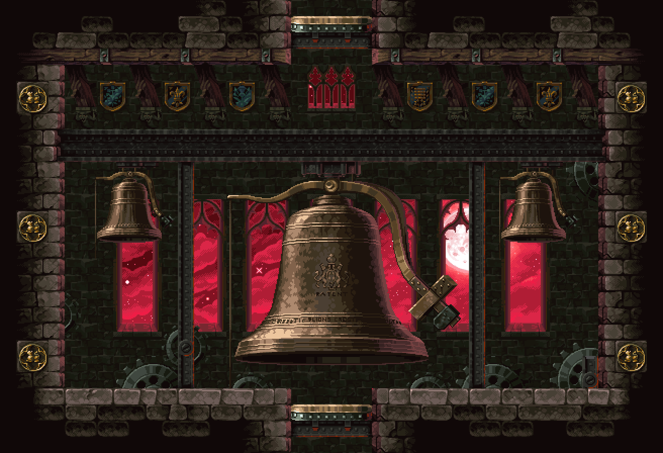 Pixel art bell tower environment from The Mummy Demastered showing a massive bronze bell integrated into a stone architectural structure