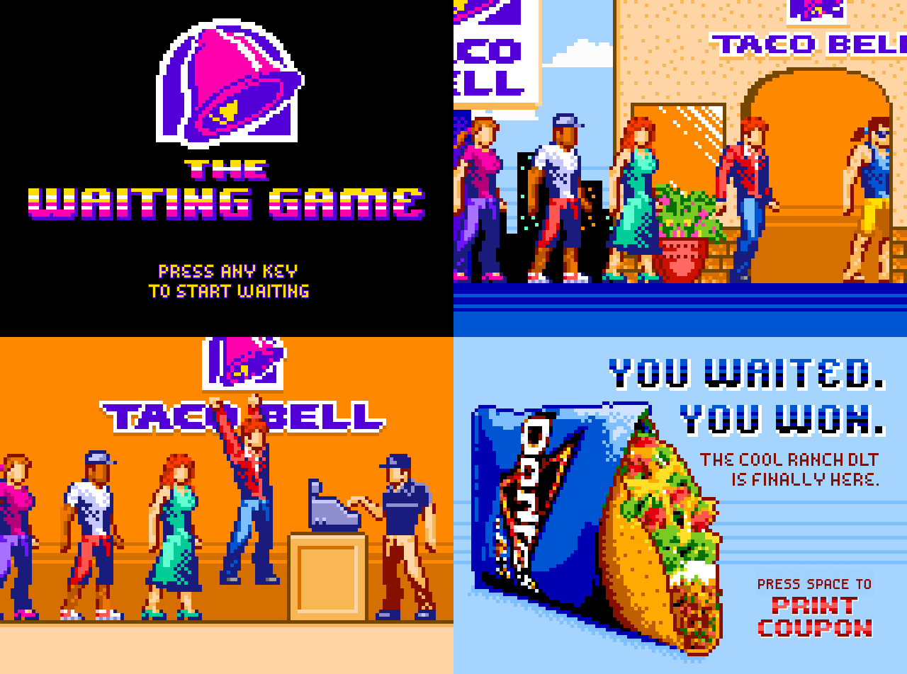 Screen shots from Taco Bell's "The Waiting Game" interactive campaign, turning the experience of waiting in line into an 8-bit arcade challenge, by Jude Buffum.