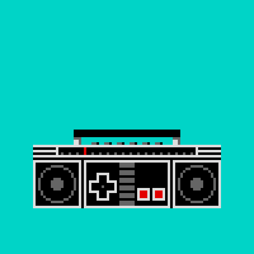 Pixel art illustration of a boombox mixed with an 8-bit Nintendo controller