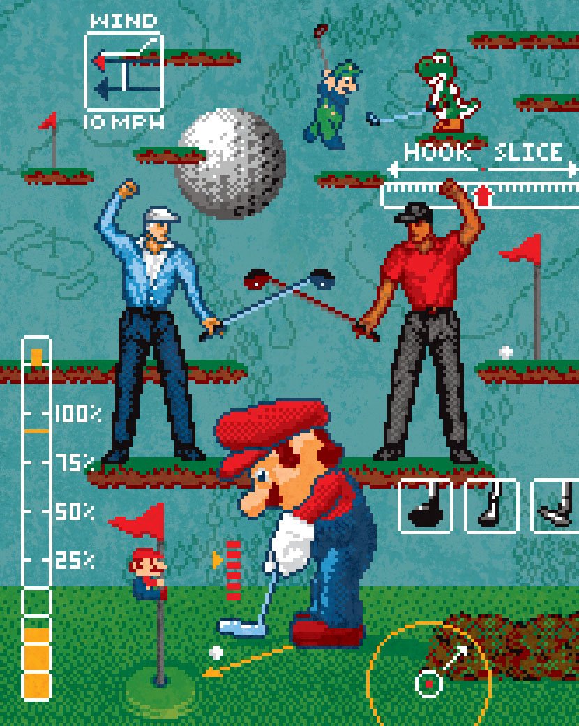 Pixel art illustration of Super Mario playing golf by illustrator Jude Buffum