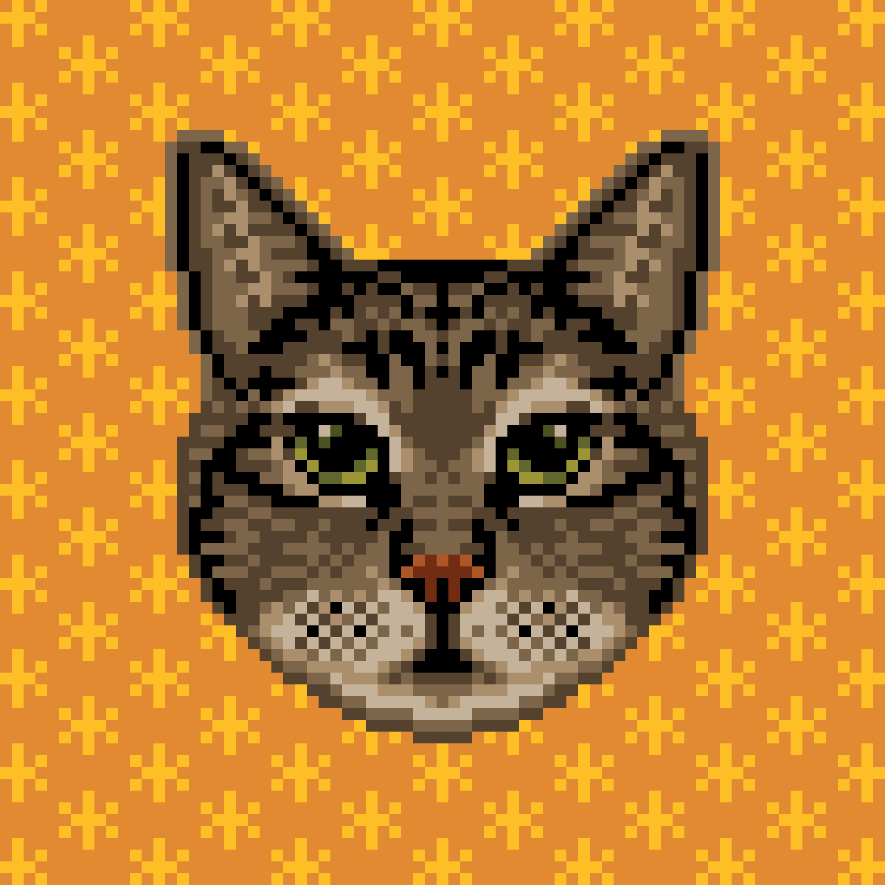 Pixel art portrait of a brown mackerel tabby domestic shorthair cat with green eyes, dark stripes, and a lighter muzzle on an orange patterned background