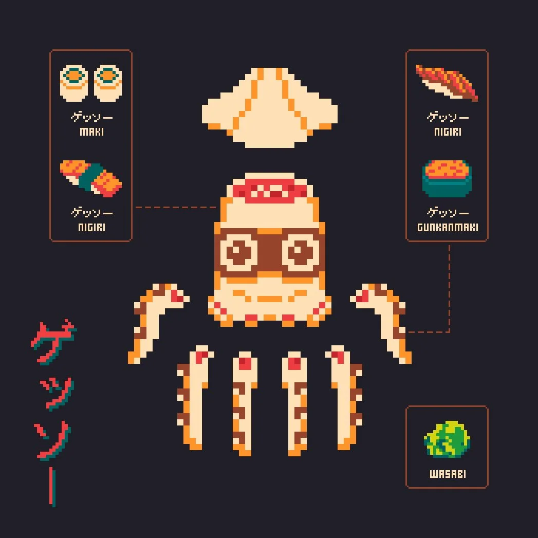 Pixel art illustration of an 8-bit sushi digram, featuring a Blooper from Super Mario Bros., by illustrator Jude Buffum