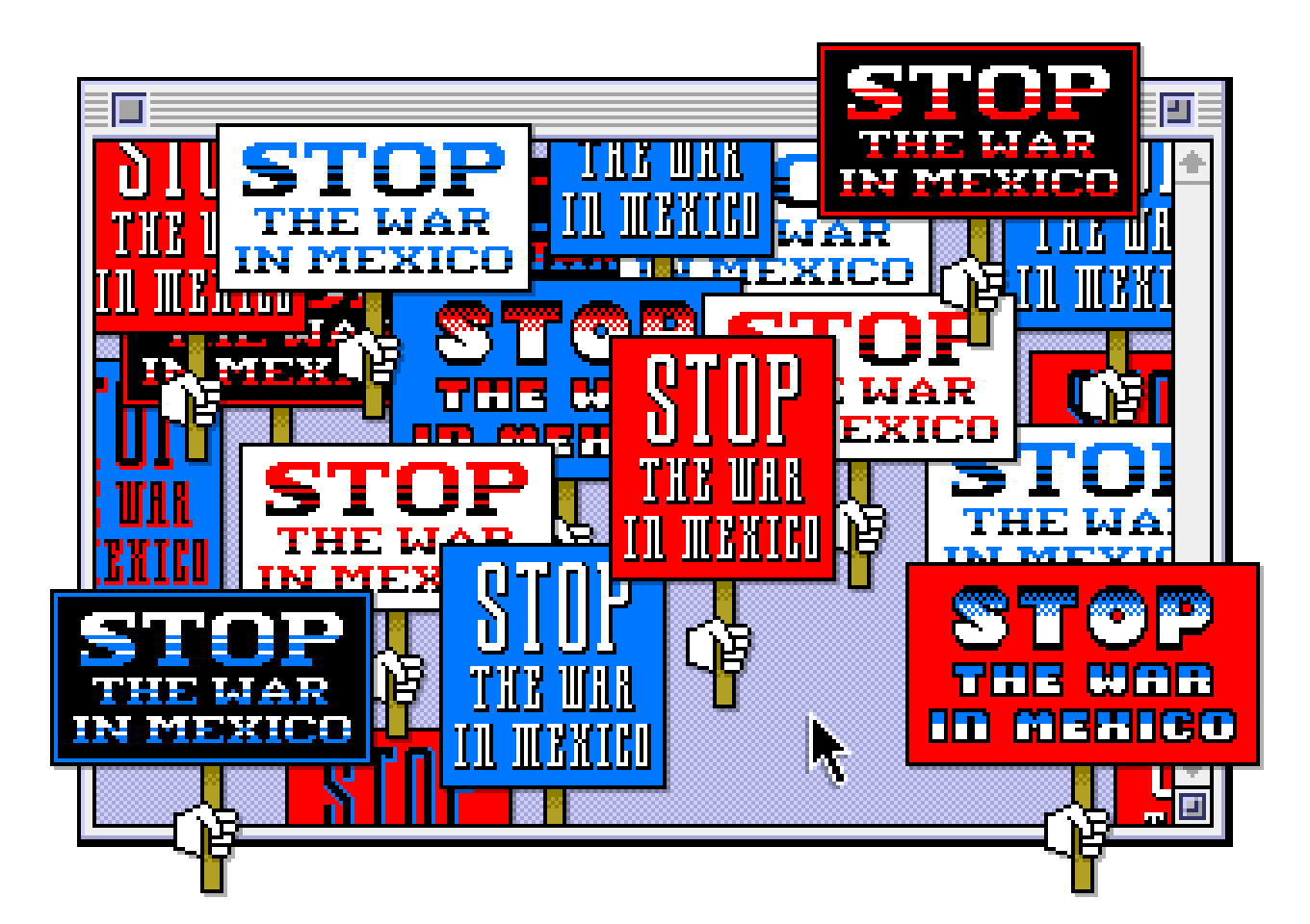 Pixel art illustration of a DDOS attack as protest, showing computer cursor hands holding protest signs, flooding a computer window, by illustrator Jude Buffum