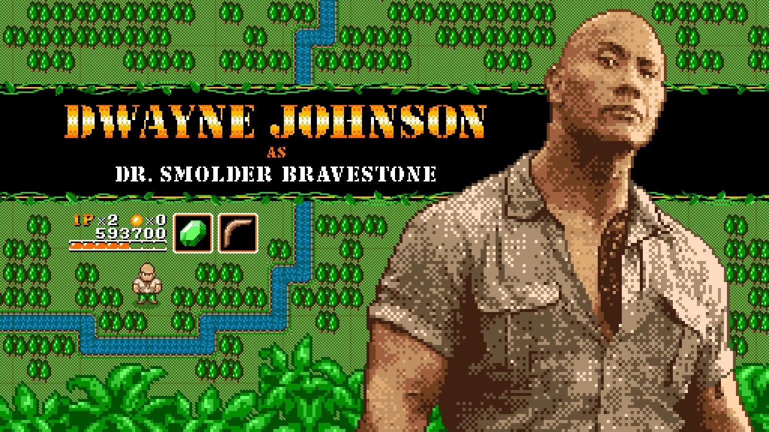 Pixel art 8-bit portrait of Dwayne Johnson by illustrator Jude Buffum