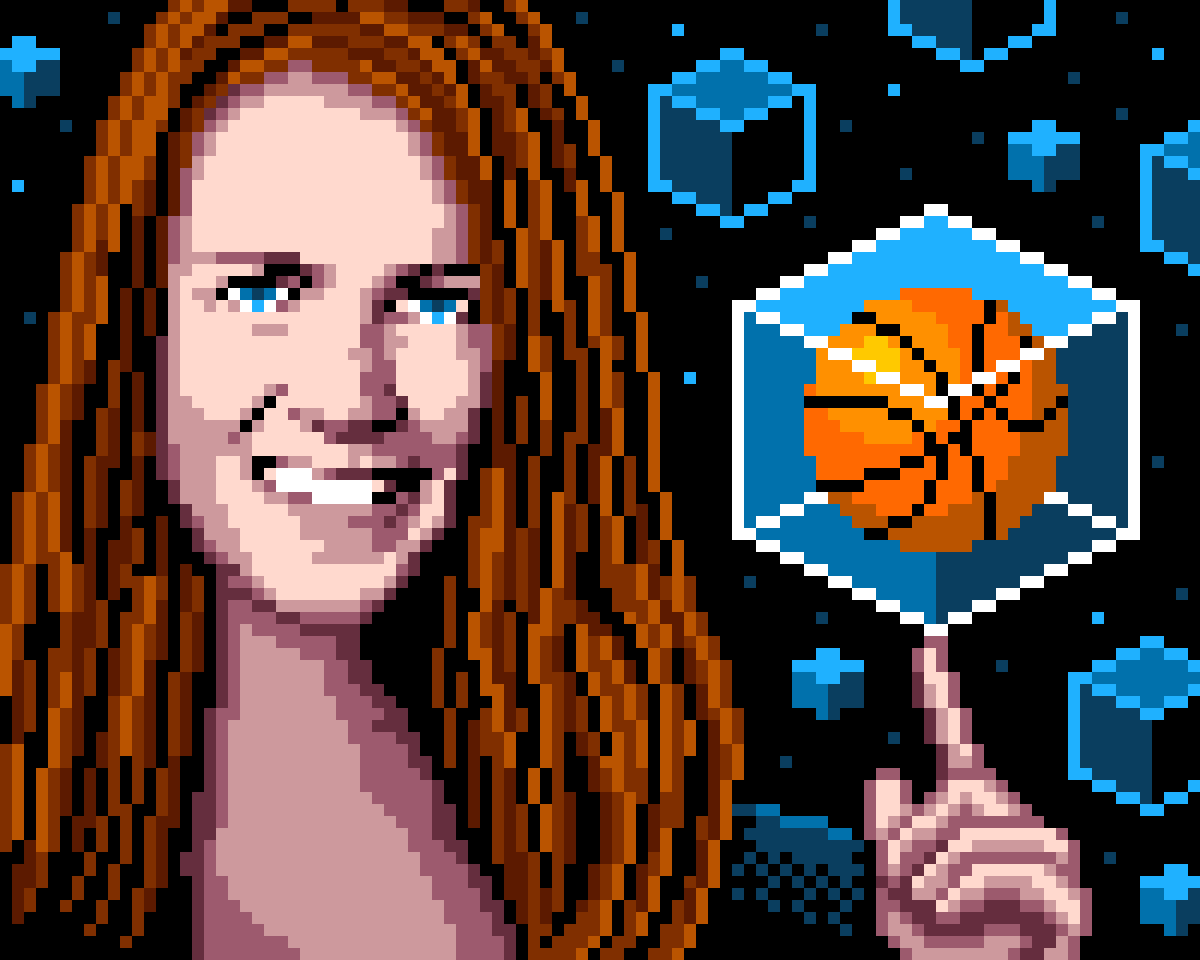 Editorial pixel art portrait of NBA executive Adrienne O’Keeffe, using a digital grid style to symbolize technology and data, by Jude Buffum.