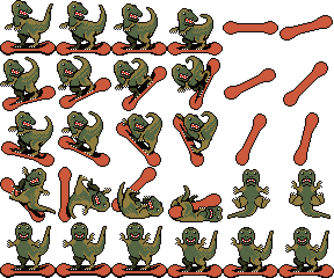 Pixel art sprite sheet of a snowboarding dinosaur on a red snowboard, including idle, ride and carve cycles, jump and landing frames, a crash, and a victory pose.