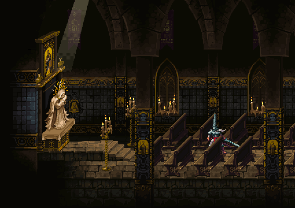 Pixel art church interior from Blasphemous featuring gothic arches, candlelit pews, religious statuary, and stone tile construction