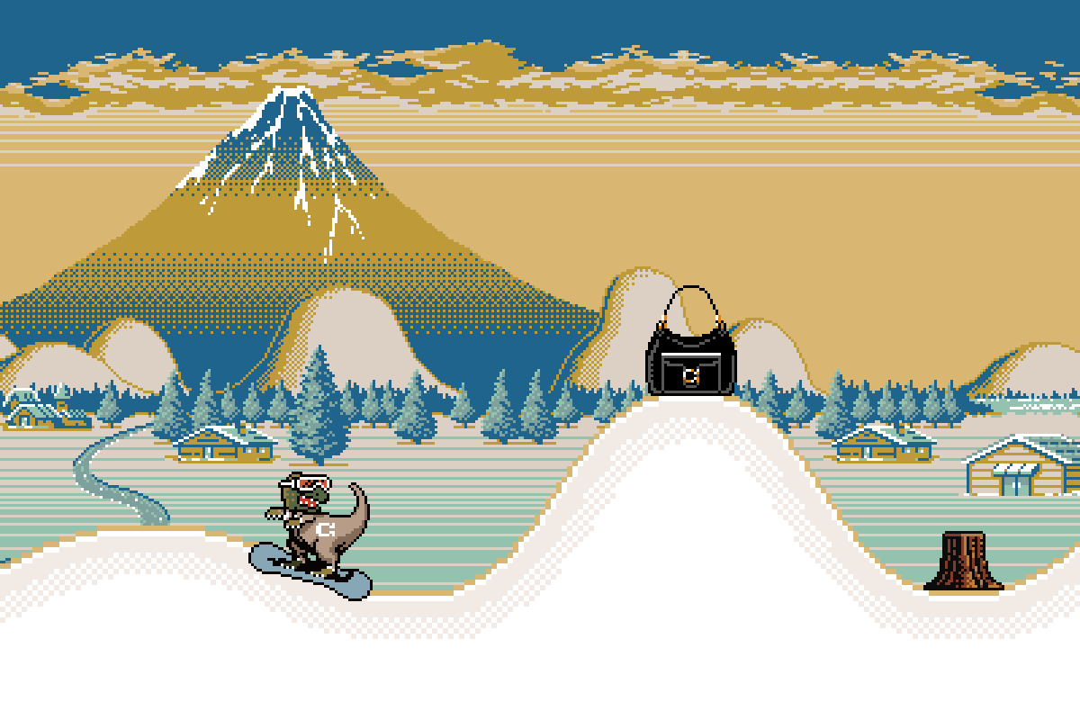 Branded video game for Coach's holiday campaign, featuring a pixel art dinosaur mascot snowboarding through a winter level by Jude Buffum.