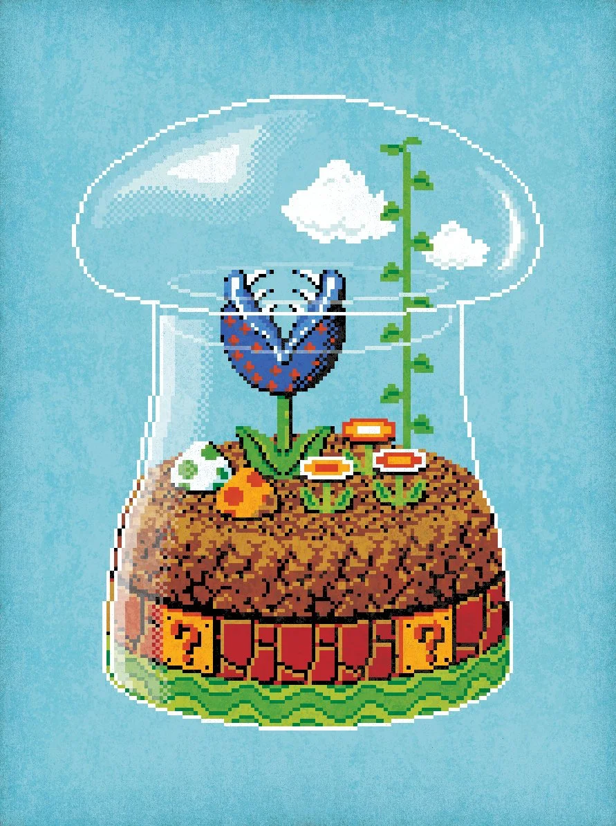 Pixel art illustration of Super Mario Bros. reimagined as an 8-bit terrarium by illustrator Jude Buffum