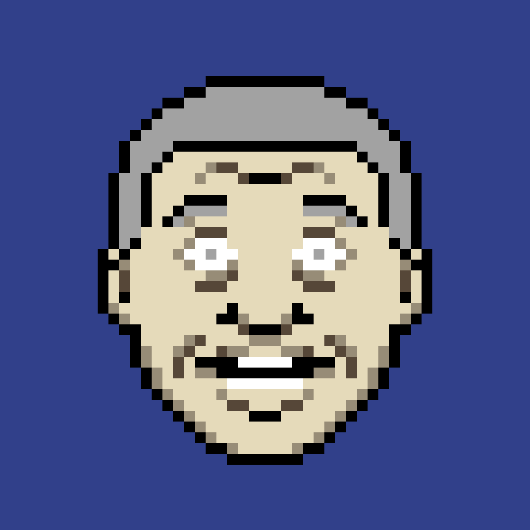 Animated pixel art portrait of Branski from Hot Streets, face only, on a muted purple background.