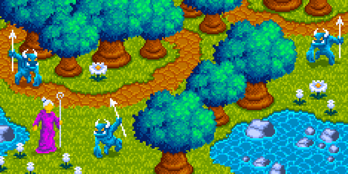 Pixel art 8-bit animation of a goblin forest by illustrator Jude Buffum