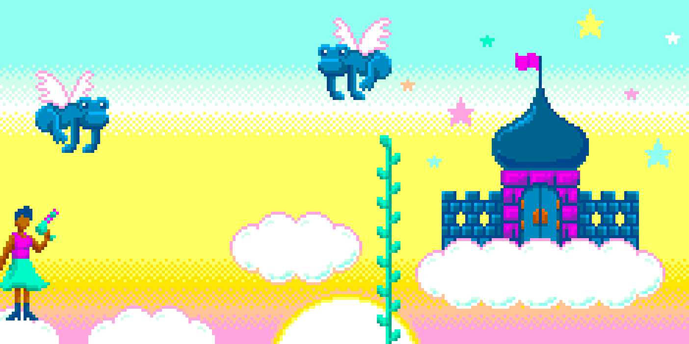 Pixel art 8-bit animation of a castle in the clouds by illustrator Jude Buffum