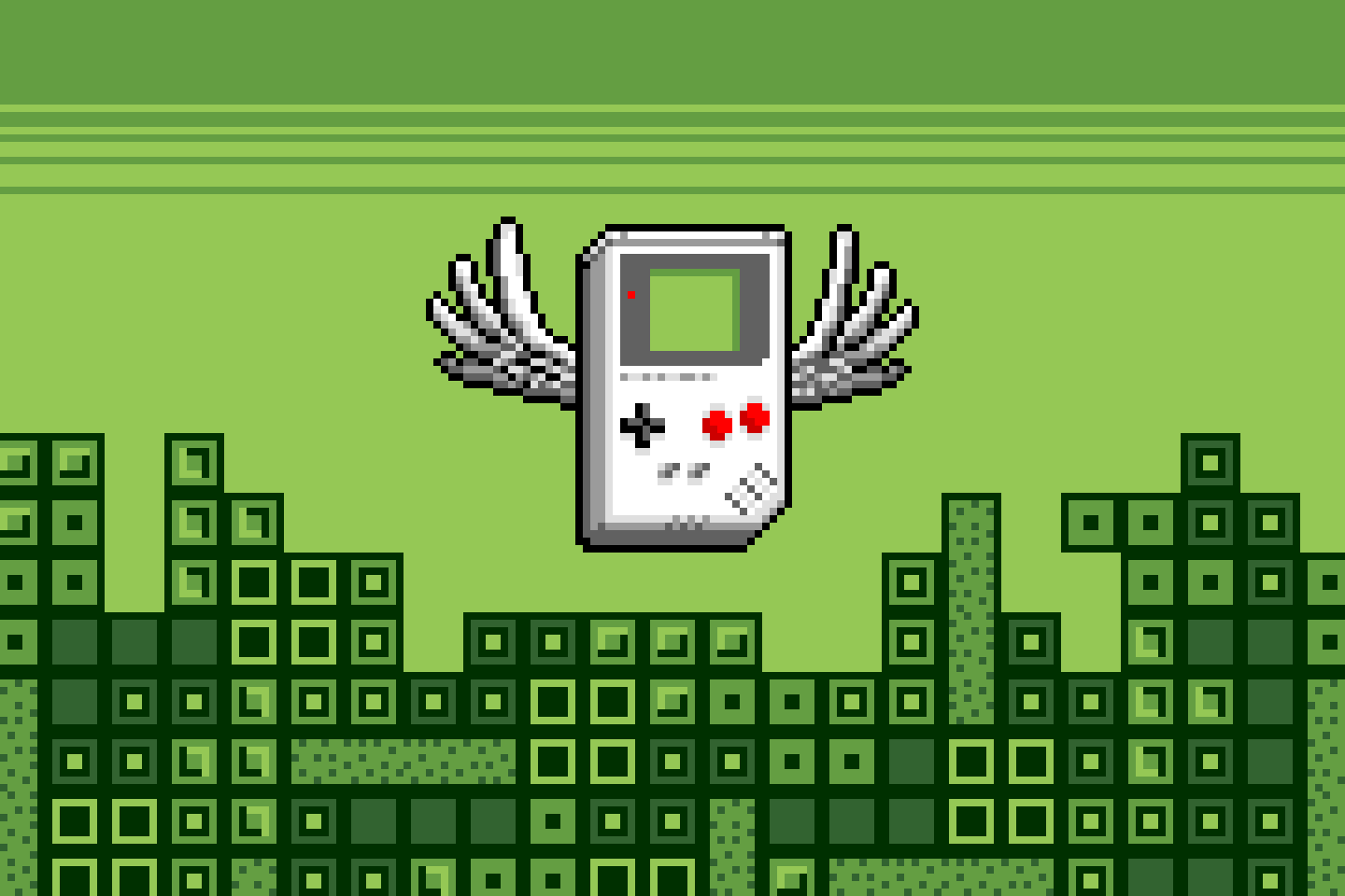 Editorial animation for Polygon celebrating the Game Boy's 30th anniversary, featuring a flying console and falling Tetris blocks in the classic 4-color palette by Jude Buffum.