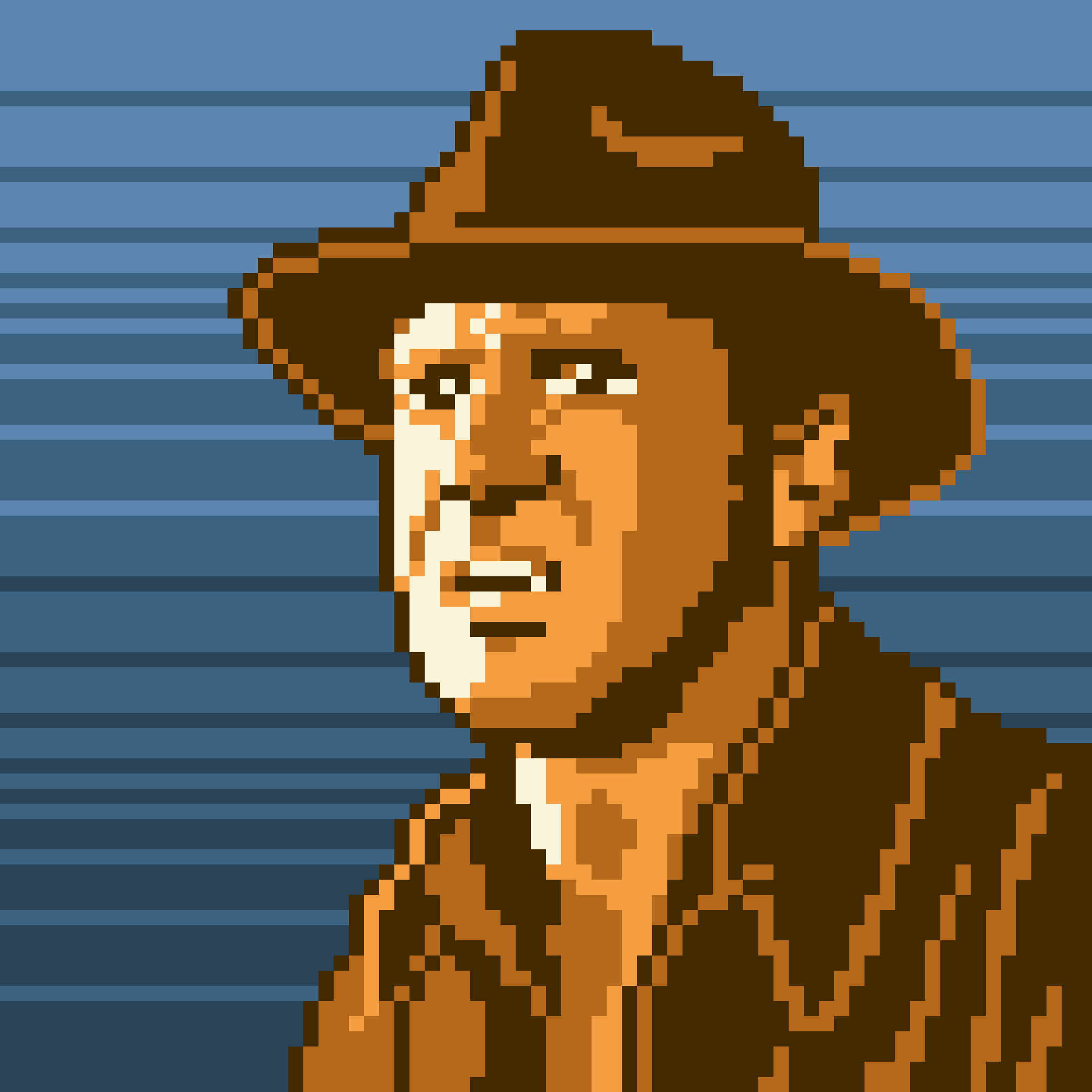 Pixel art 8-bit portrait of Indiana Jones by illustrator Jude Buffum