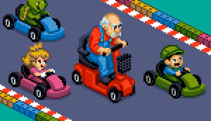 Pixel art 8-bit animation of elderly Super Mario riding a mobility scooter with toddler Luigi, Peach and turtle passing him in speedy gokarts