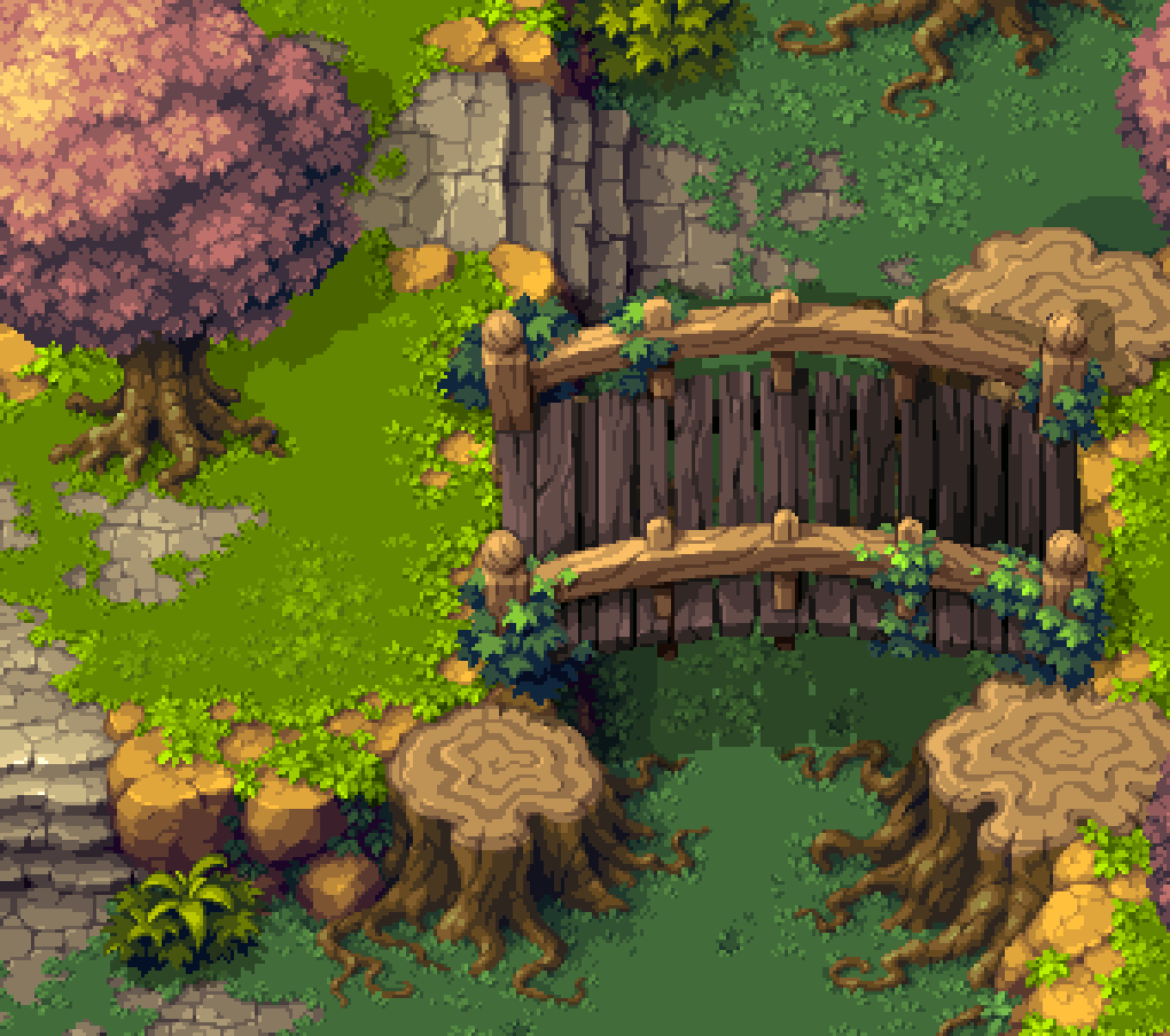 High-detail pixel art environment from Battle Axe (2021) by Henk Nieborg, showing lush fantasy terrain, layered backgrounds, and polished modern retro game visuals.