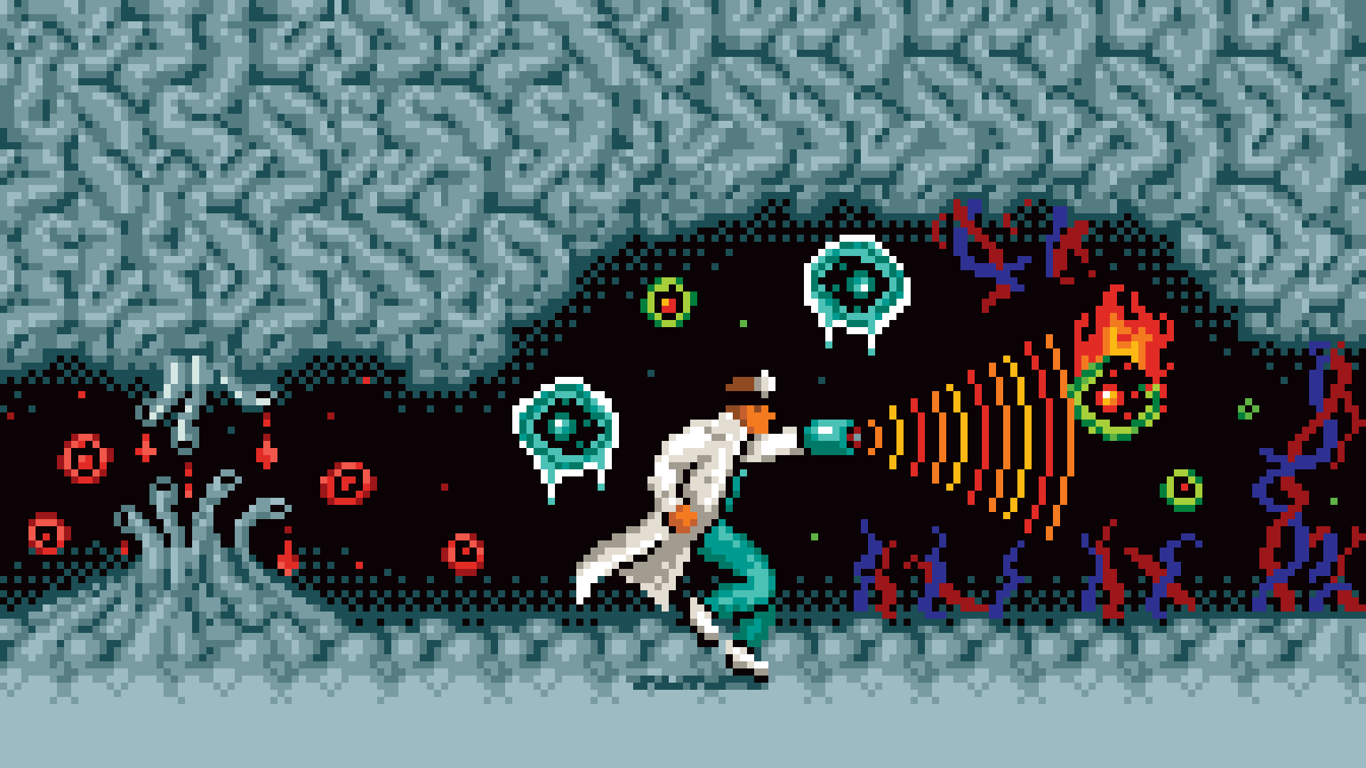 Medical editorial illustration in a pixel art style, showing a miniature doctor blasting cancer cells inside the human body like a side-scrolling video game hero, by Jude Buffum.