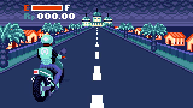 Pixel art 8-bit animation of a man riding a moped in India by illustrator Jude Buffum