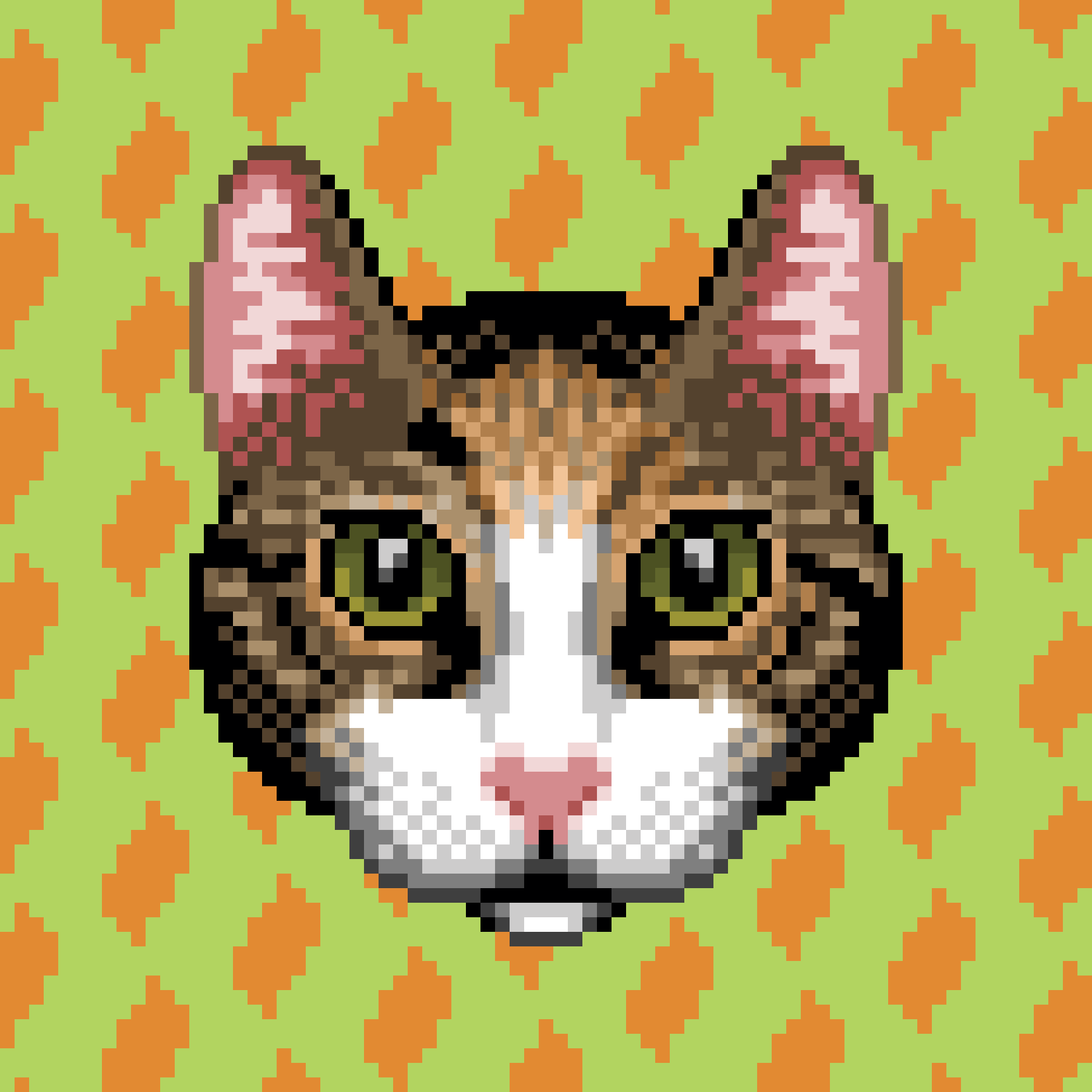 Pixel art portrait of a calico domestic shorthair cat with green eyes, white muzzle, and orange and black patches on a patterned green background