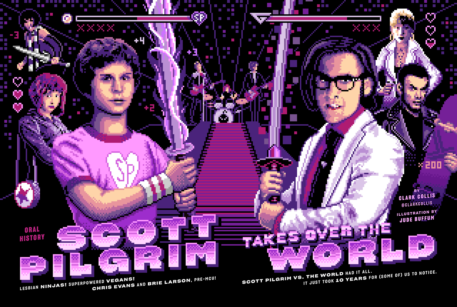Pixel art of Scott Pilgrim and Gideon Graves with other characters from Scott Pilgrim vs. the World, illustrated by Jude Buffum.
