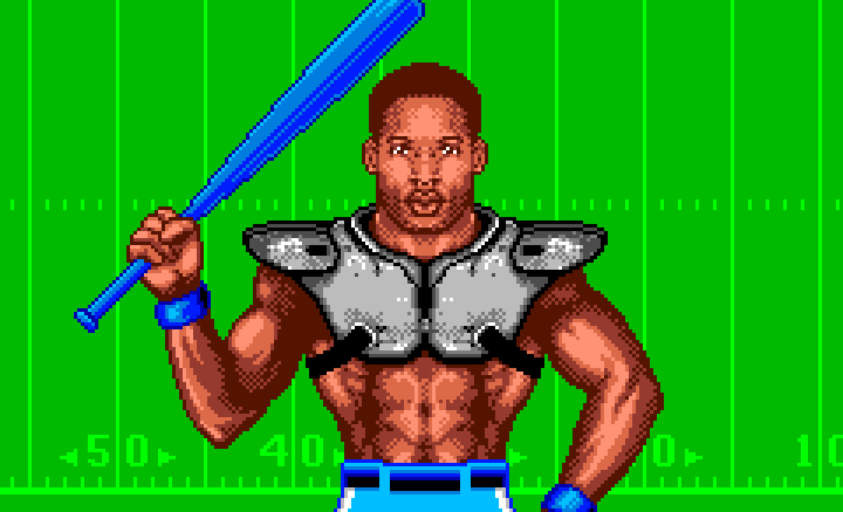 Pixel art illustration for ESPN Magazine, featuring Bo Jackson holding a baseball bat and wearing football padding, against a green football field background, in the style of his 1991 Nintendo video game, by Jude Buffum.