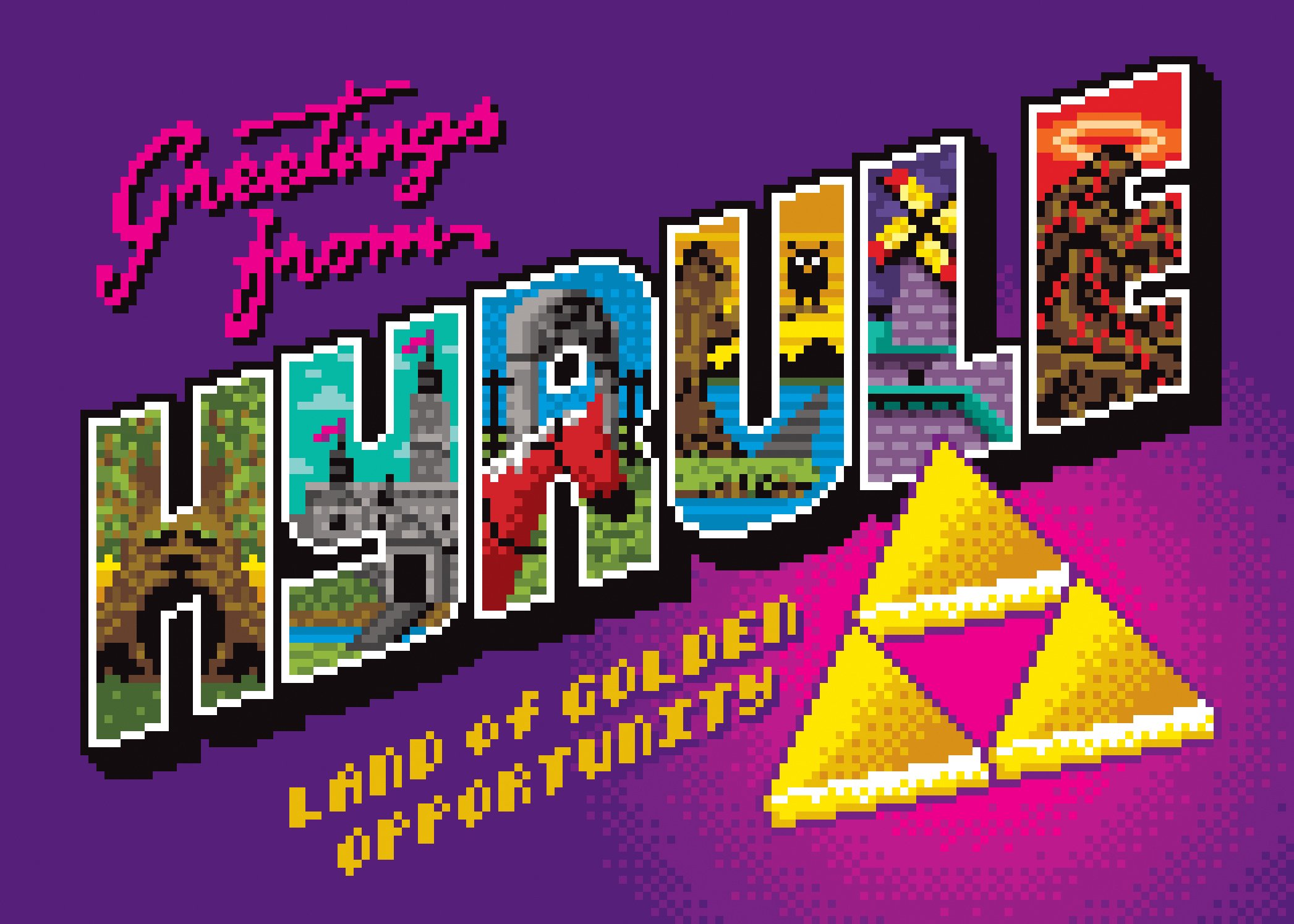 8-bit typography and pixel art by illustrator Jude Buffum that says Greetings from Hyrule, illustrating a postcard from the fictitious location in the video game The Legend of Zelda