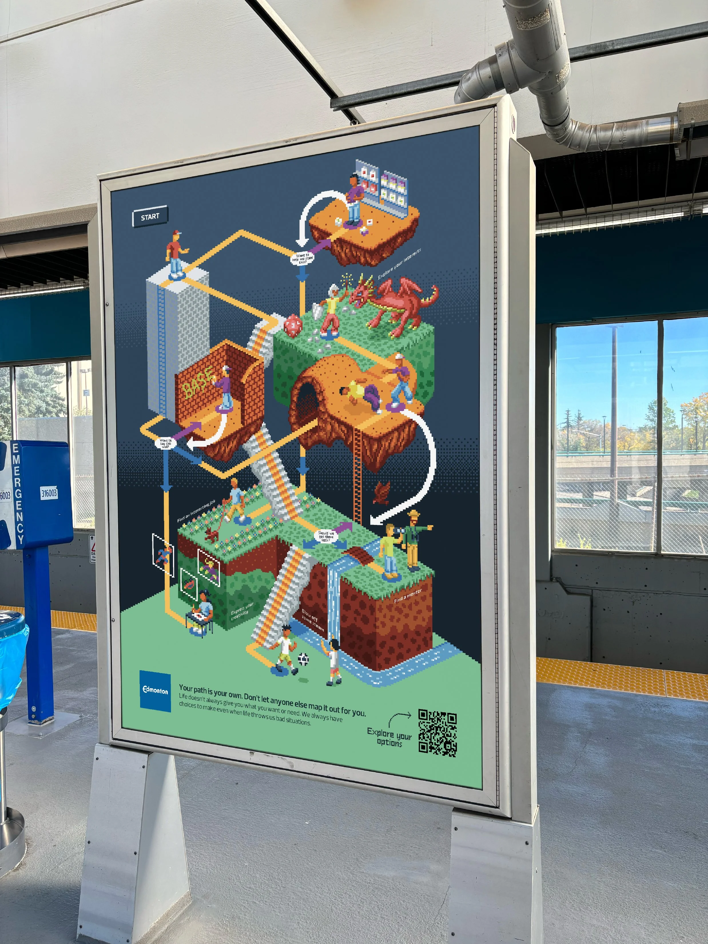 Train station display: freestanding poster of the isometric pixel art maze at a transit platform