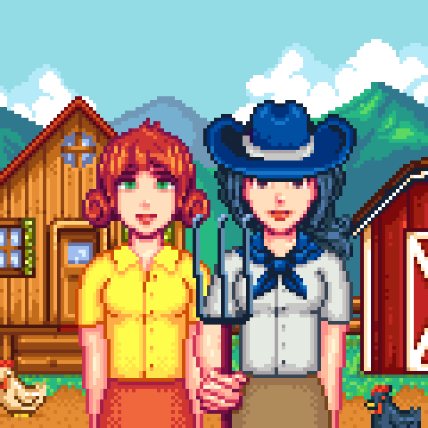 Pixel art animation of two women posed like the painting American Gothic in front of a farm, in the 16-bit style of Stardew Valley