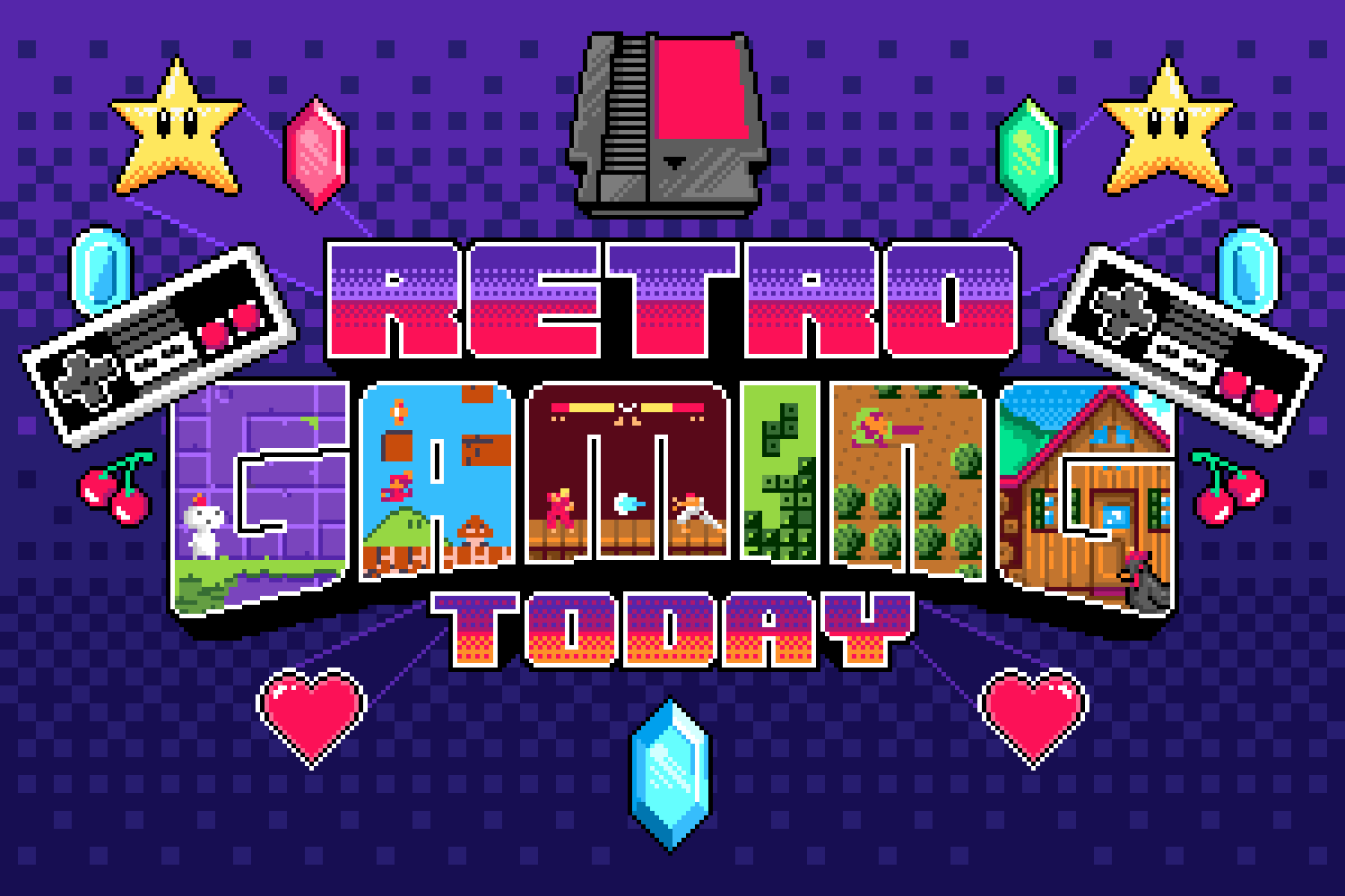 Editorial illustration for Polygon's "Retro Gaming Today," featuring a collage of 8-bit typography and pixel art game iconography by Jude Buffum.