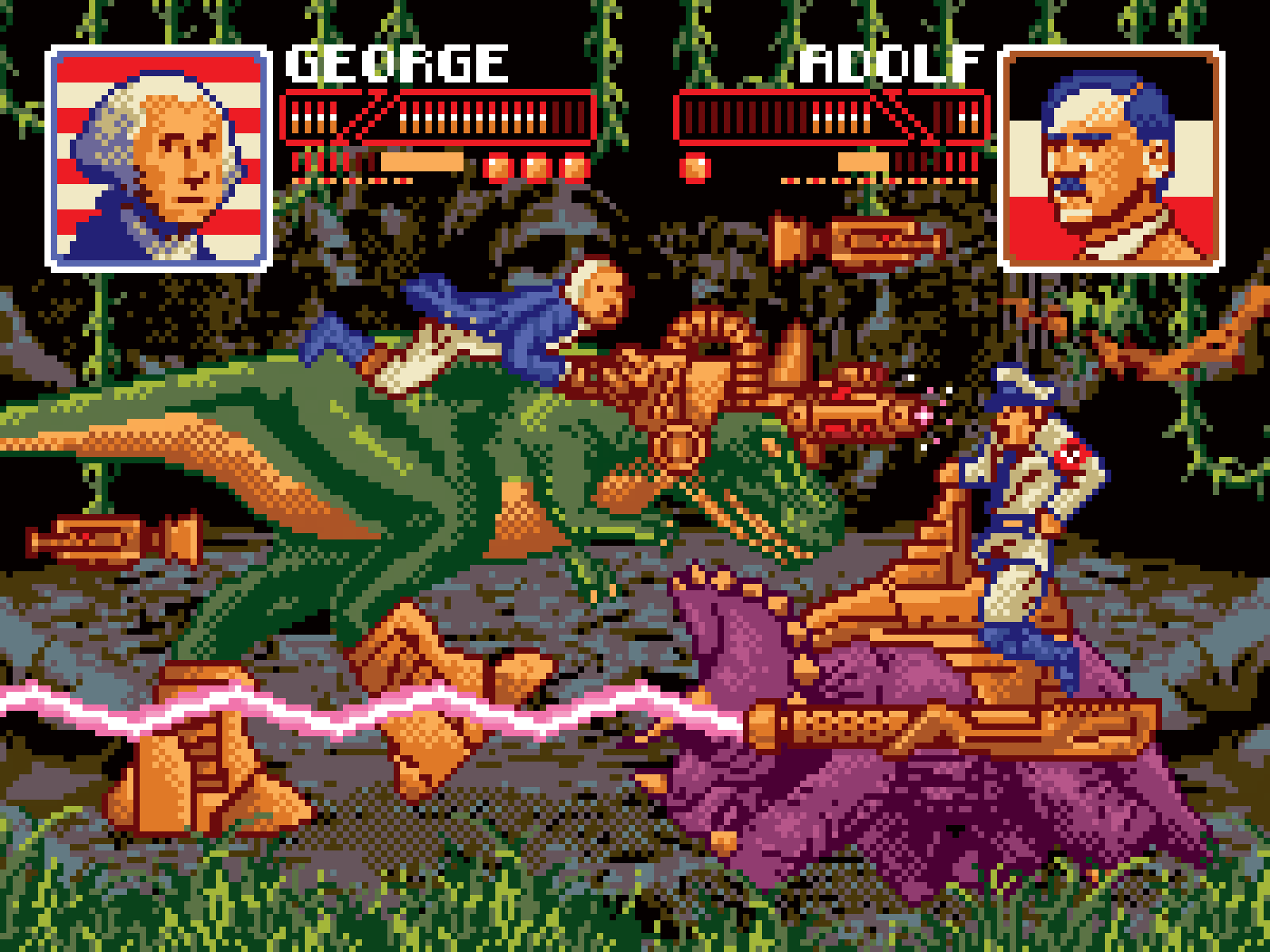Pixel art illustration of George Washington and Adolf Hitler battling each other atop dinosaurs equipped with weapons by Jude Buffum.