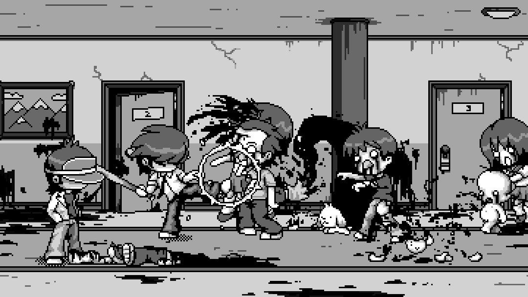 Black-and-white pixel art action scene from an animated short, depicting chaotic combat between cartoon characters in a hallway with exaggerated motion and impact frames.