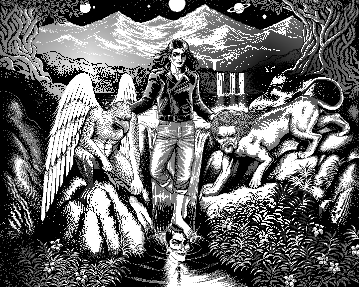 Black and white 1-bit pixel art animation by Uno Moralez featuring surreal figures in a mythic landscape with symbolic, dreamlike imagery.