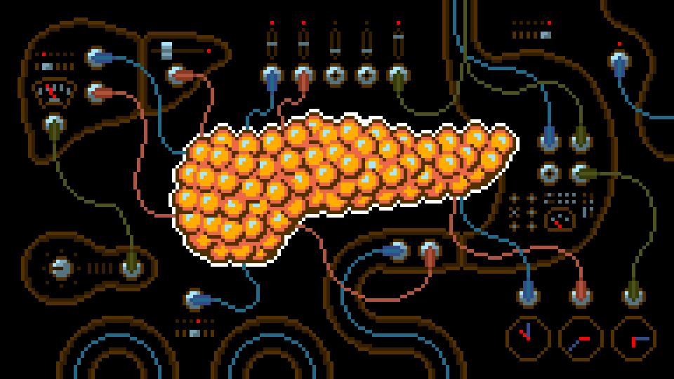 Pixel art 8-bit animation of a mechanical pancreas by illustrator Jude Buffum