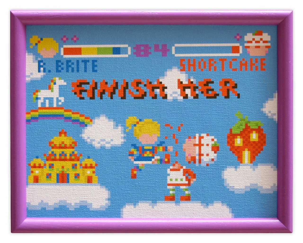 8-bit pixel art painting of Rainbow Brite and Strawberry Shortcake by illustrator Jude Buffum, reimagining the characters as Mortal Kombat fighting opponents
