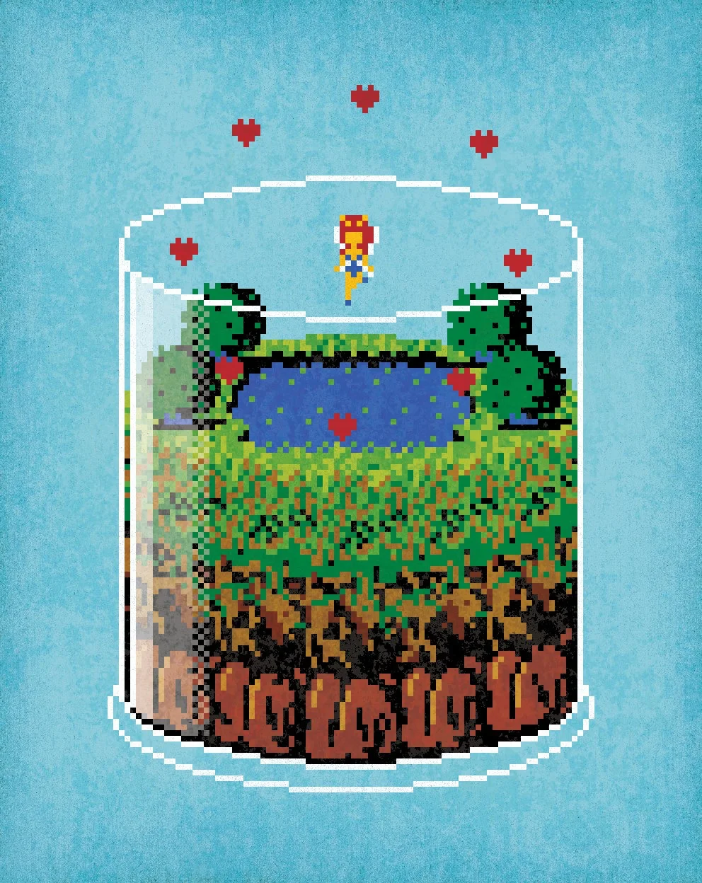 Pixel art illustration of The Legend of Zelda reimagined as an 8-bit terrarium by illustrator Jude Buffum