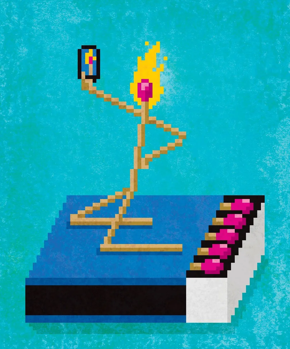 Pixel art 8-bit illustration of an anthropomorphic match taking a nude selfie on top of a matchbox for Cincinnati Magazine by illustrator Jude Buffum