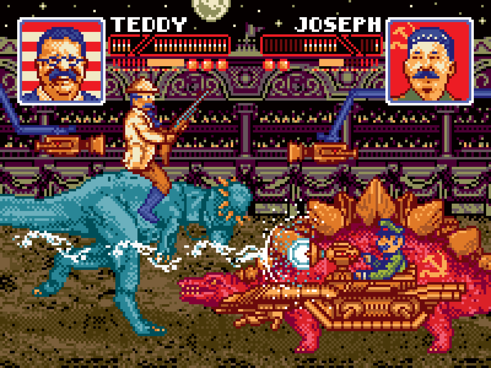 Pixel art illustration of Teddy Roosevelt and Joseph Stalin battling each other atop dinosaurs equipped with weapons by Jude Buffum.