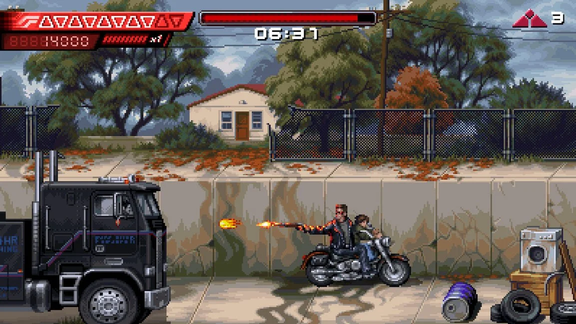 Pixel art gameplay screenshot from Terminator 2D: No Fate (2025) by Henk Nieborg, depicting action-heavy scenes rendered in a historically accurate retro pixel art style.