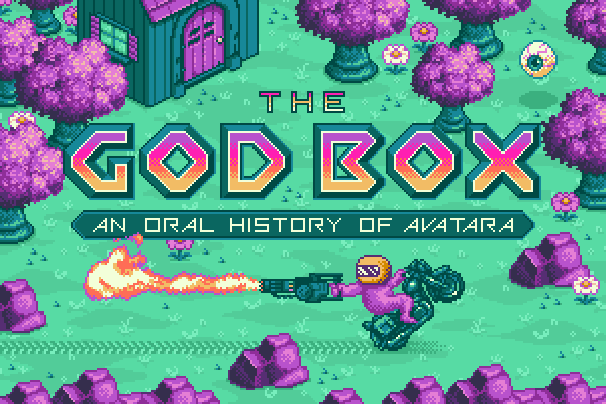8-bit typography and pixel art illustration of a fictitious video game for an article on The Verge about said game, by illustrator Jude Buffum