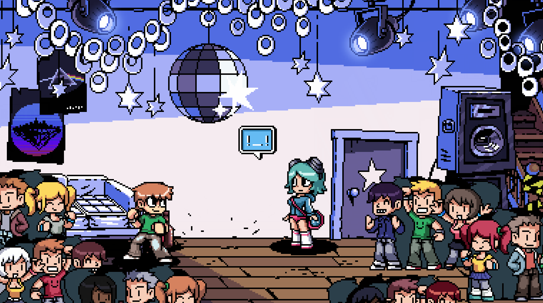Pixel art scene from Scott Pilgrim vs. The World: The Game, featuring a nightclub interior with multiple characters, disco lights, and arcade-style crowd composition.