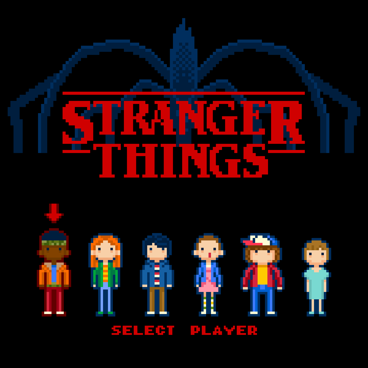 Vulture editorial illustration reimagining the Stranger Things cast as an 8-bit RPG character select screen, created in a retro pixel art style by Jude Buffum.
