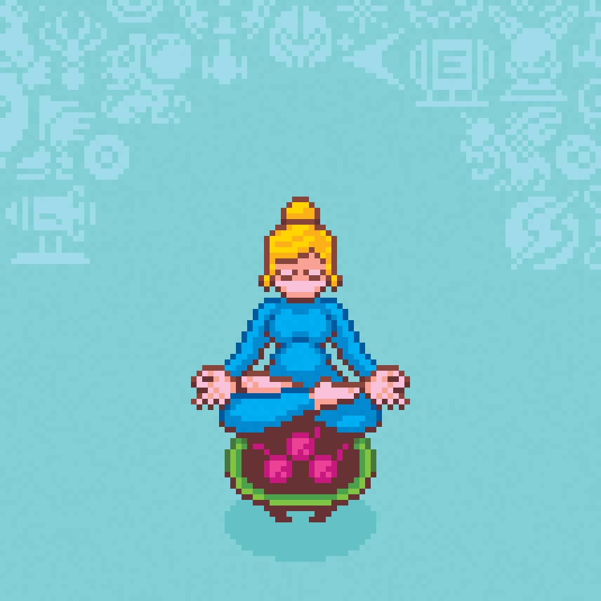 Pixel art 8-bit animation of Samus Aran meditating on a Metroid by illustrator Jude Buffum