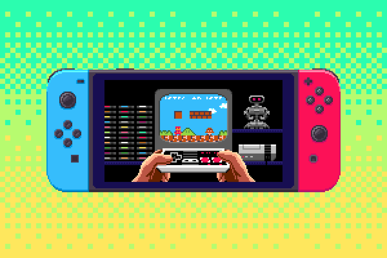 Animated editorial illustration for Polygon.com showing a Nintendo Switch playing classic NES games, rendered in pixel art by Jude Buffum.