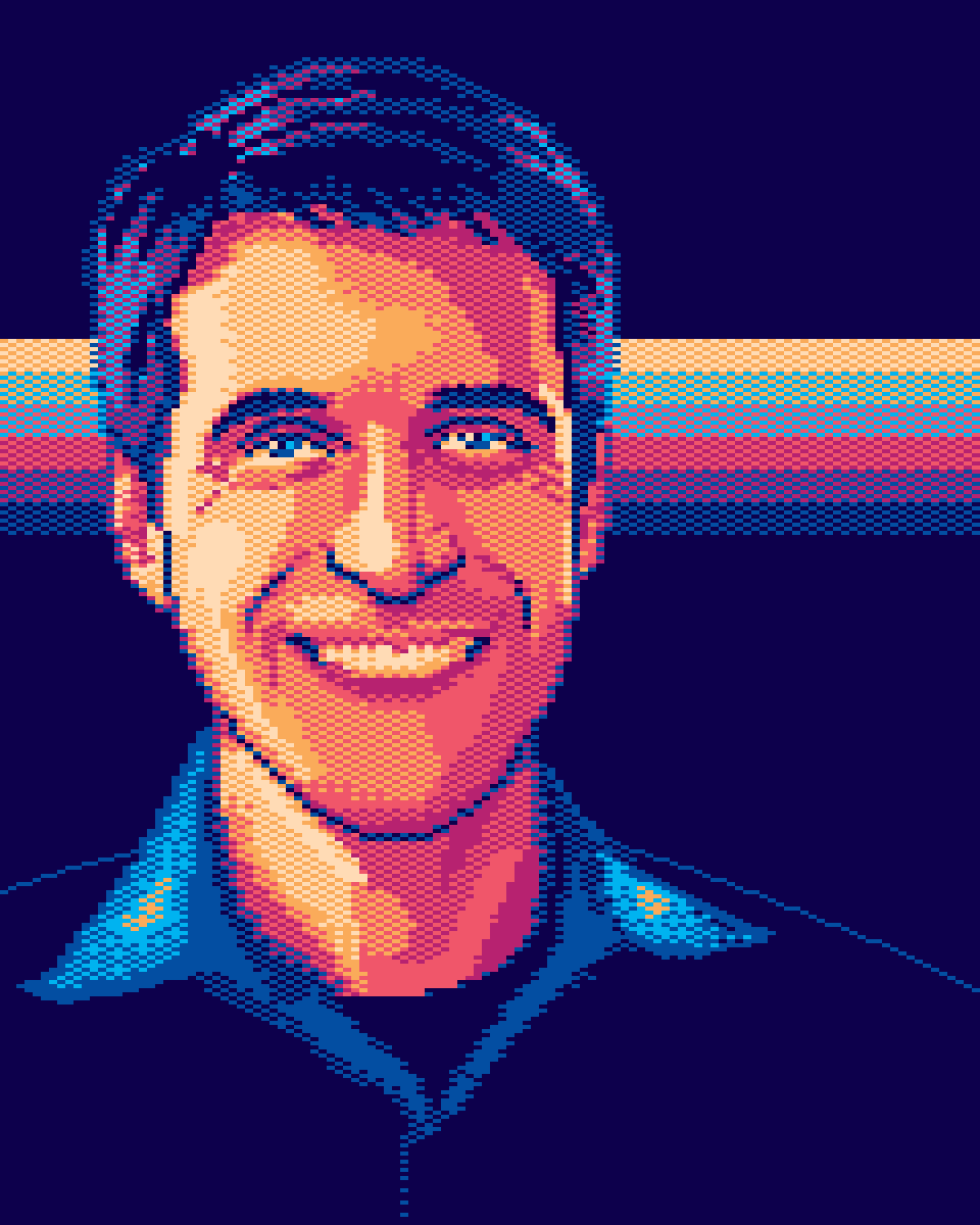 Pixel art portrait of Halo creator Alex Seropian for University of Chicago Magazine, using a glitch aesthetic to reference game programming, by Jude Buffum.