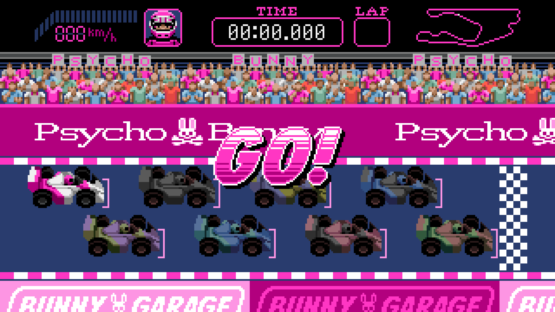 Screen shot from pixel art arcade game PB Rush, featuring 8-bit typography and Formula One racing cars
