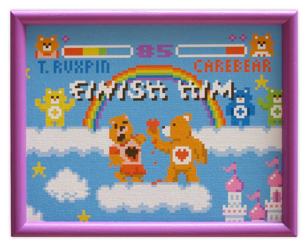 8-bit pixel art painting of Teddy Ruxpin and a Care Bear by illustrator Jude Buffum, reimagining the characters as Mortal Kombat fighting opponents