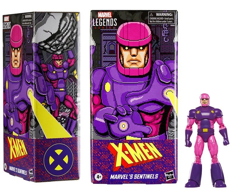 Pixel art packaging illustration by Jude Buffum for Marvel Legends X-Men Sentinels action figures, featuring bold character art and retro-inspired pixel aesthetics designed for retail packaging.