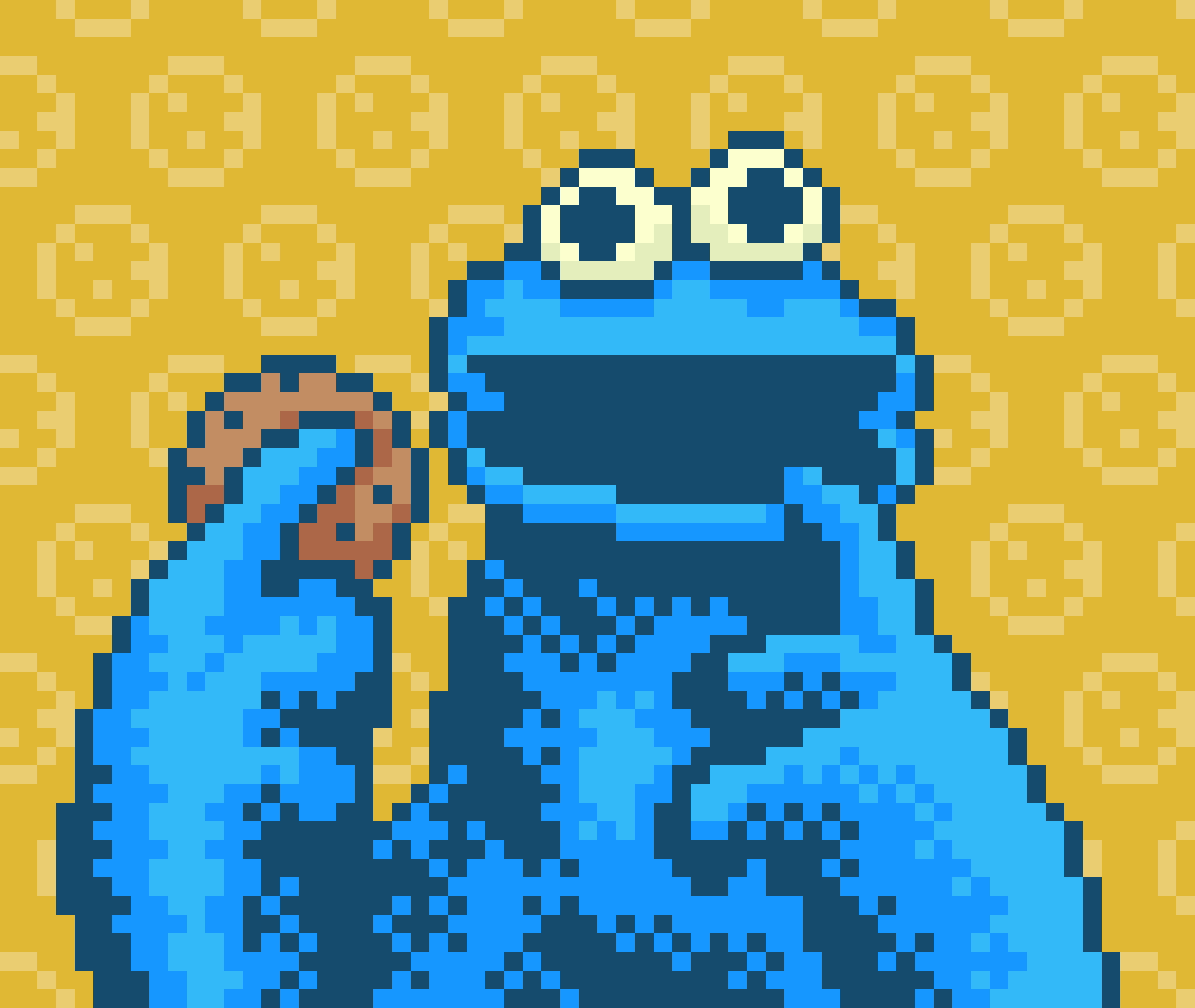Pixel art 8-bit portrait of Cookie Monster by illustrator Jude Buffum